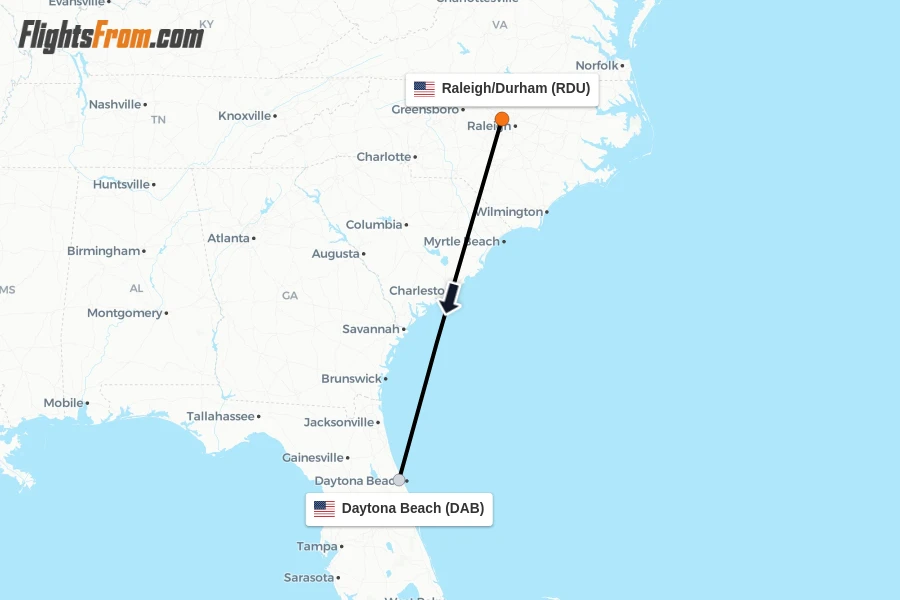 Flights from Raleigh/Durham to Daytona Beach route map