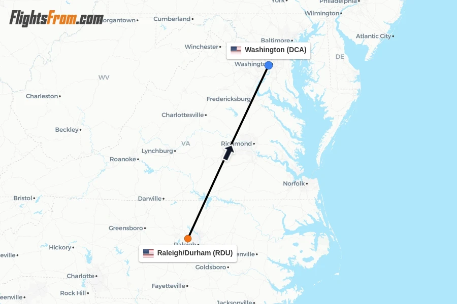 Flights from Raleigh/Durham to Washington route map