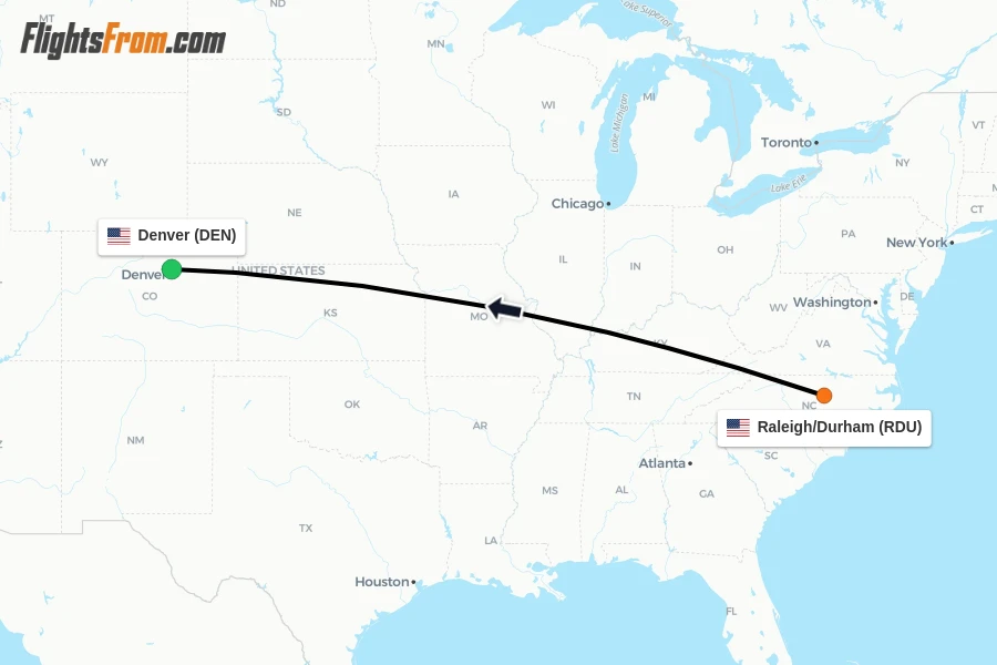 Flights from Raleigh/Durham to Denver route map