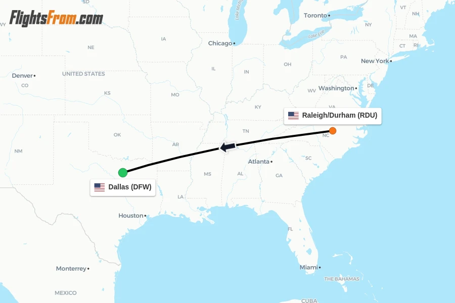 Flights from Raleigh/Durham to Dallas route map