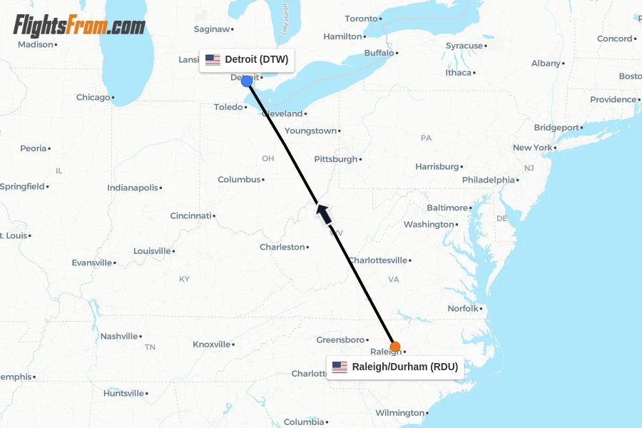 Flights from Raleigh/Durham to Detroit route map