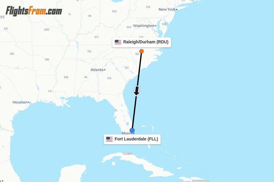 Flights from Raleigh/Durham to Fort Lauderdale route map
