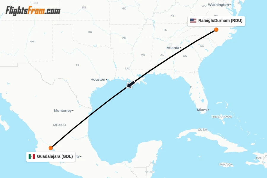 Flights from Raleigh/Durham to Guadalajara route map