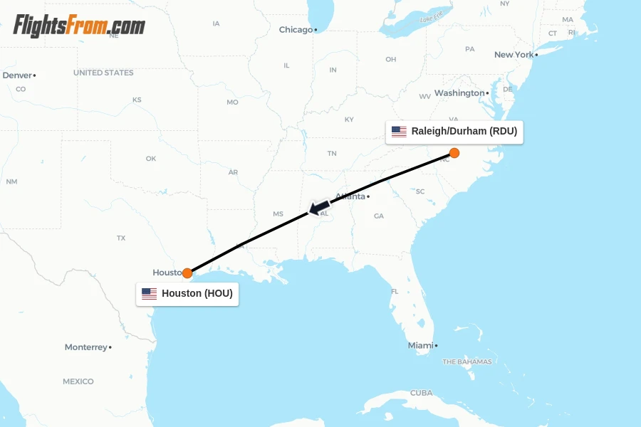 Flights from Raleigh/Durham to Houston route map