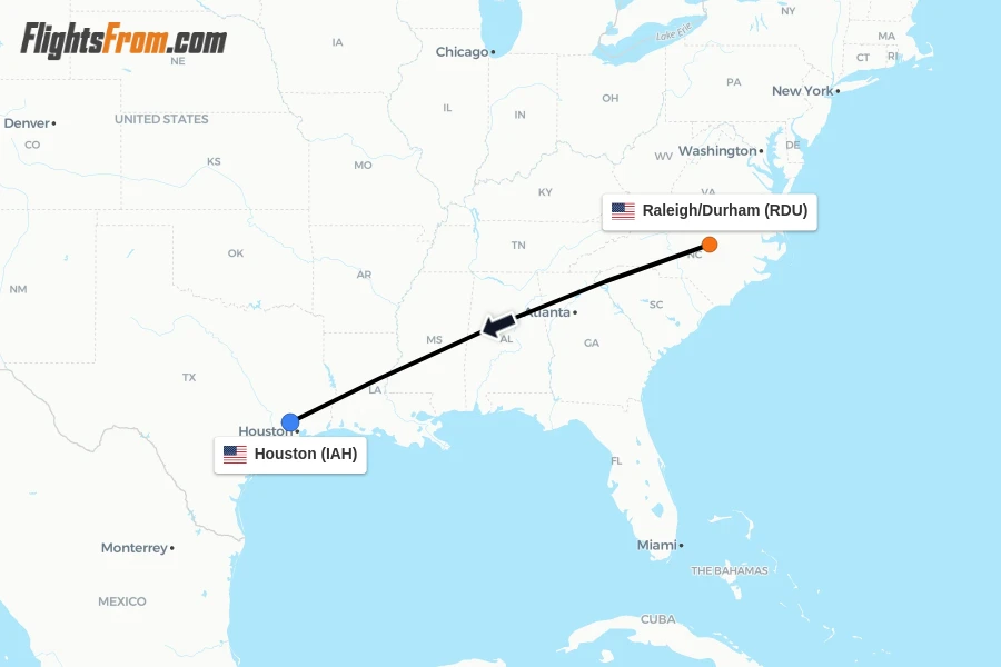 Flights from Raleigh/Durham to Houston route map