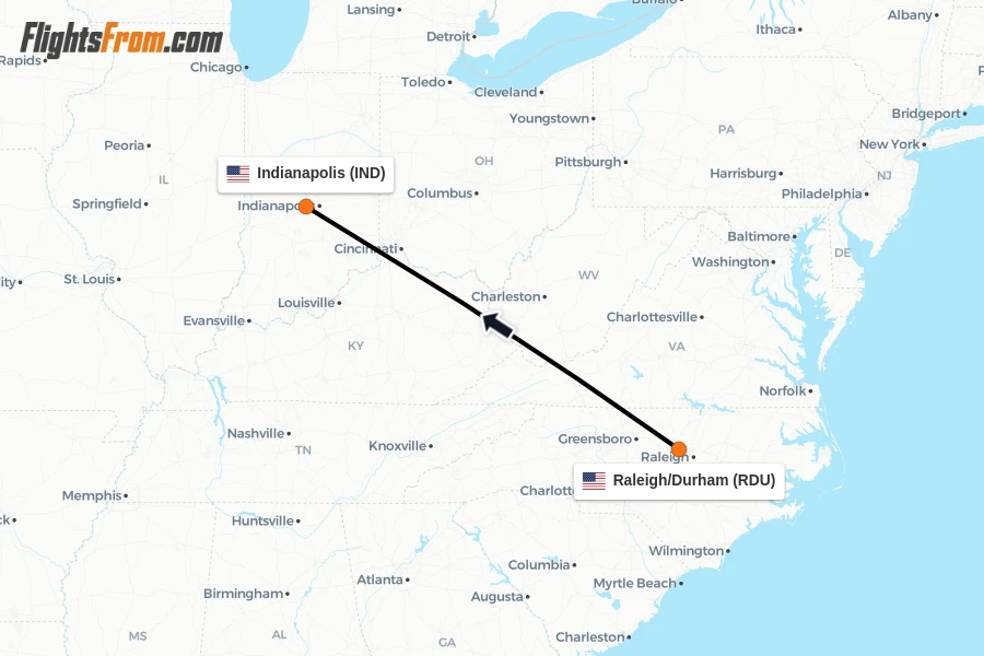 Flights from Raleigh/Durham to Indianapolis route map