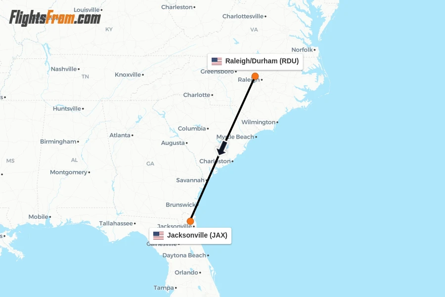 Flights from Raleigh/Durham to Jacksonville route map
