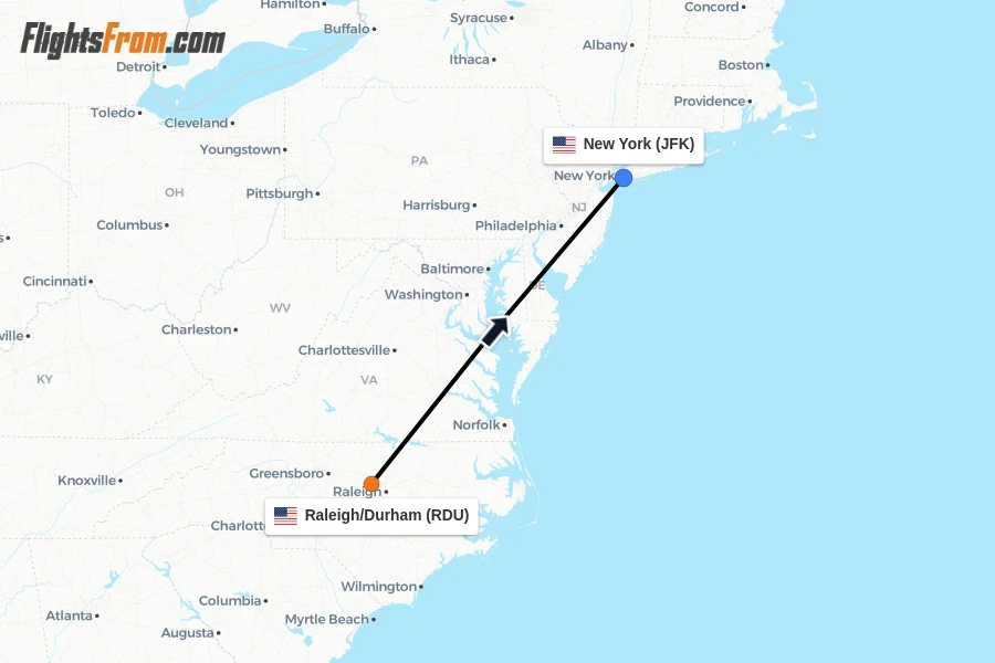 Flights from Raleigh/Durham to New York route map