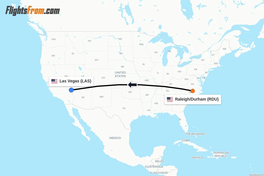 Flights from Raleigh/Durham to Las Vegas route map