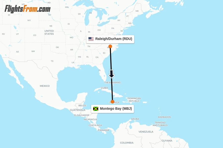 Flights from Raleigh/Durham to Montego Bay route map