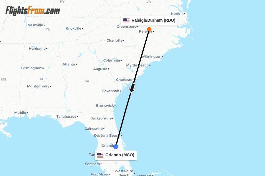 Flights from Raleigh/Durham to Orlando route map