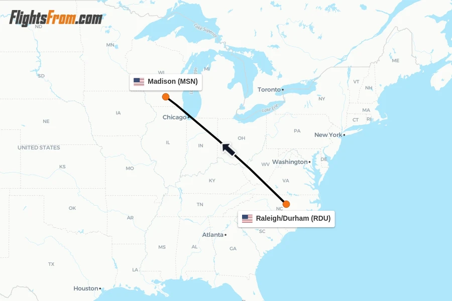 Flights from Raleigh/Durham to Madison route map