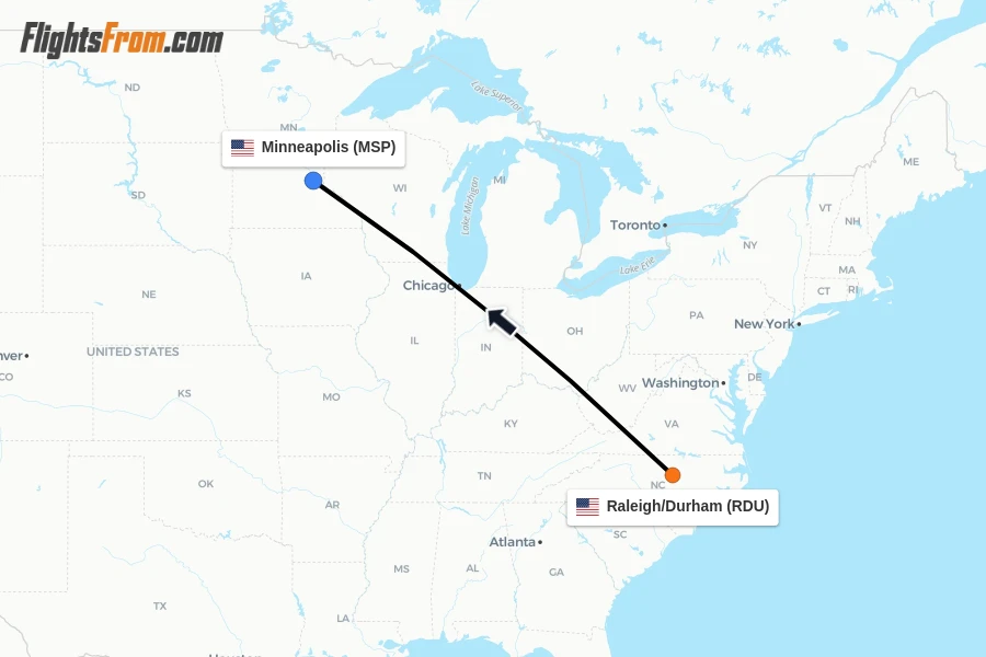 Flights from Raleigh/Durham to Minneapolis route map