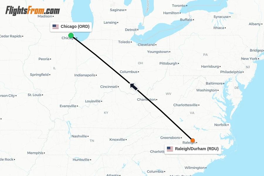 Flights from Raleigh/Durham to Chicago route map