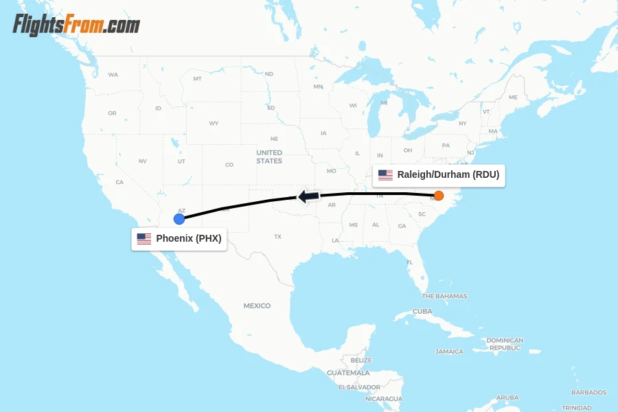 Flights from Raleigh/Durham to Phoenix route map