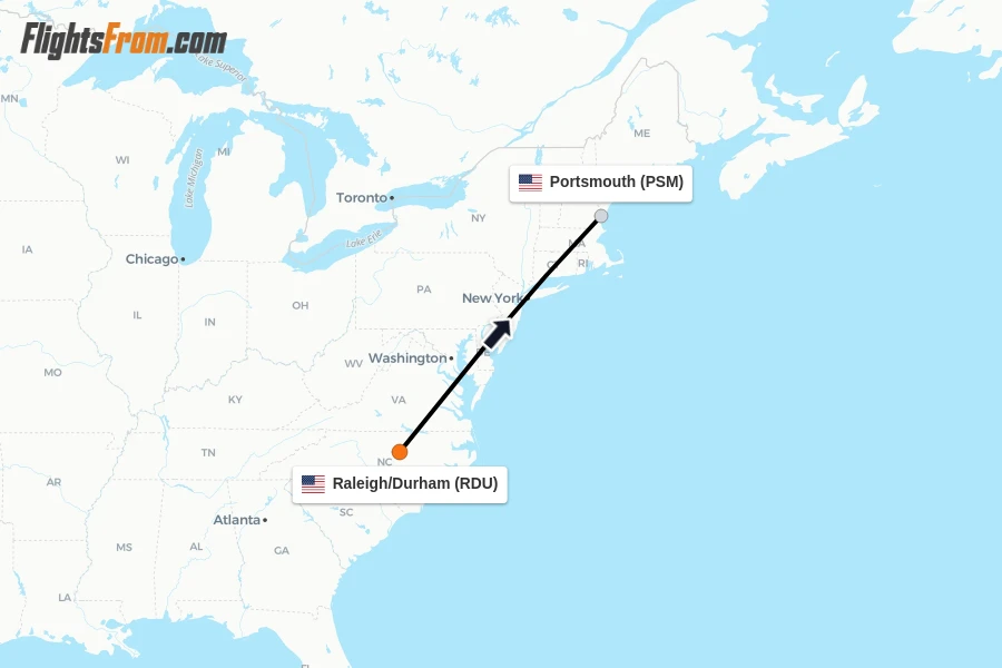 Flights from Raleigh/Durham to Portsmouth route map