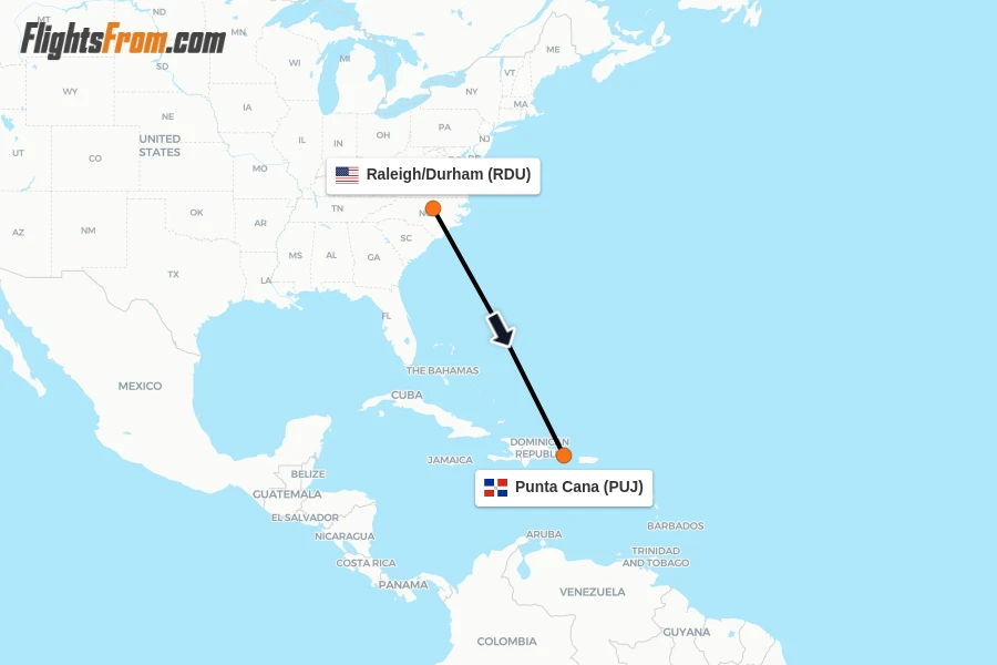 Flights from Raleigh/Durham to Punta Cana route map