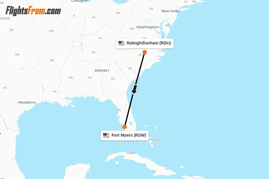 Flights from Raleigh/Durham to Fort Myers route map
