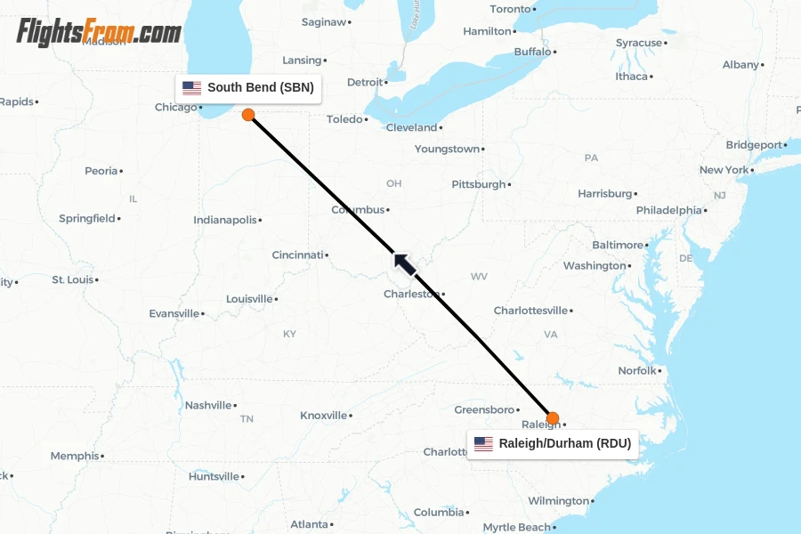 Flights from Raleigh/Durham to South Bend route map