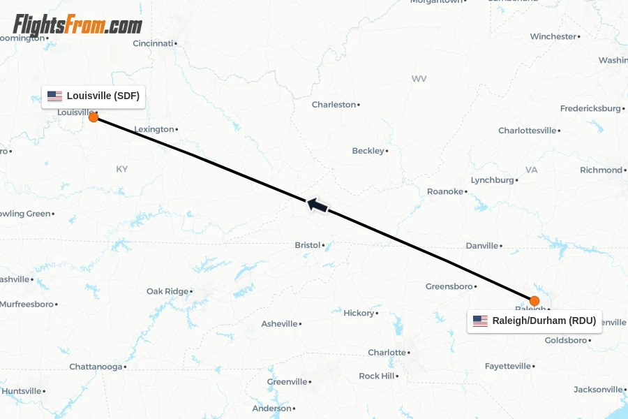 Flights from Raleigh/Durham to Louisville route map