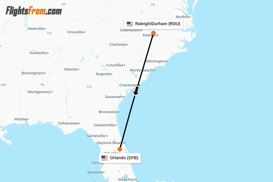 Flights from Raleigh/Durham to Orlando route map