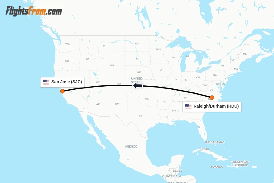 Flights from Raleigh/Durham to San Jose route map