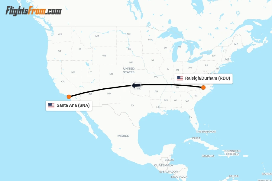 Flights from Raleigh/Durham to Santa Ana route map