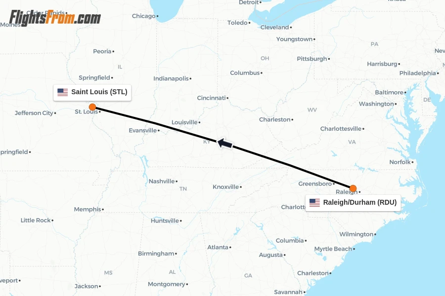 Flights from Raleigh/Durham to Saint Louis route map