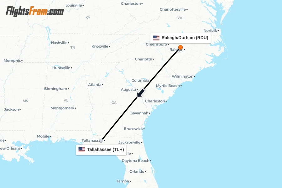 Flights from Raleigh/Durham to Tallahassee route map