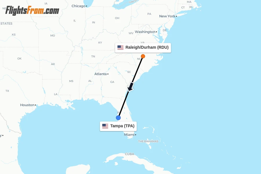 Flights from Raleigh/Durham to Tampa route map