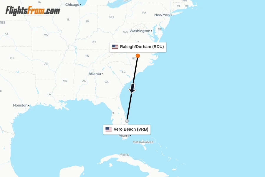Flights from Raleigh/Durham to Vero Beach route map