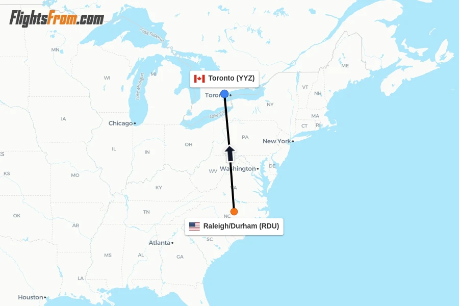 Flights from Raleigh/Durham to Toronto route map