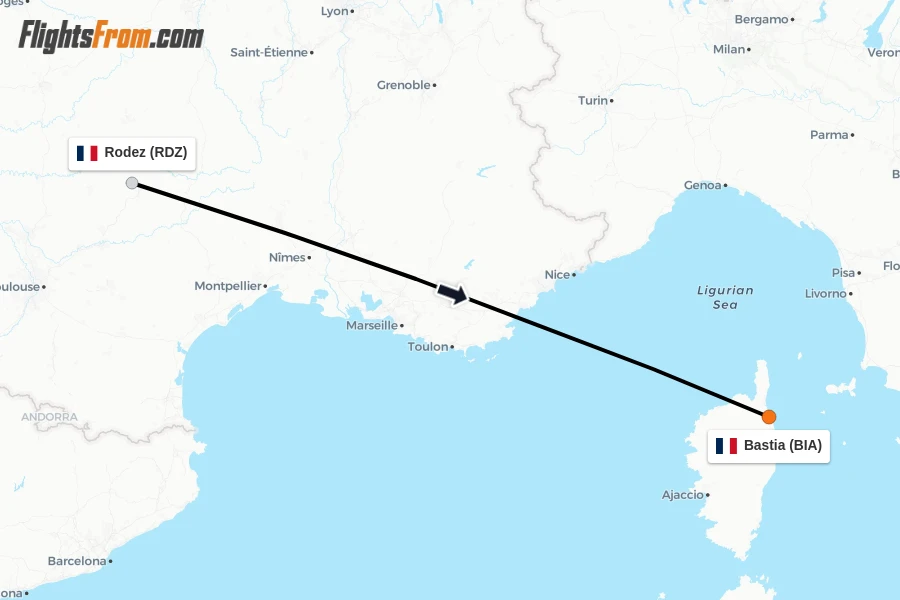Flights from Rodez to Bastia route map