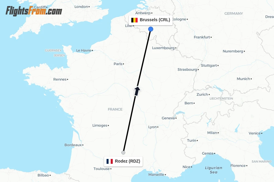 Flights from Rodez to Brussels route map