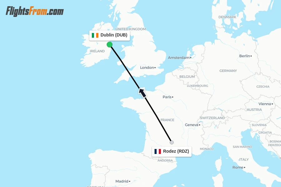 Flights from Rodez to Dublin route map