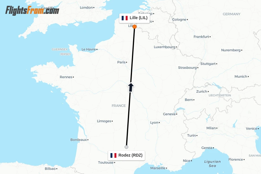 Flights from Rodez to Lille route map