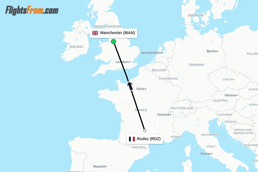 Flights from Rodez to Manchester route map