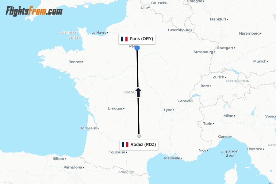 Flights from Rodez to Paris route map