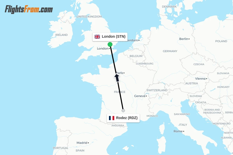 Flights from Rodez to London route map