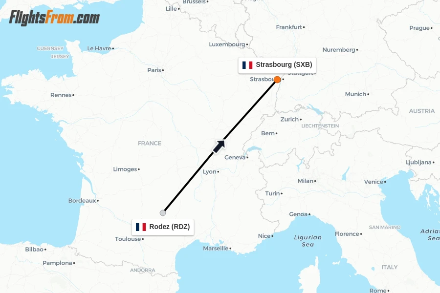 Flights from Rodez to Strasbourg route map
