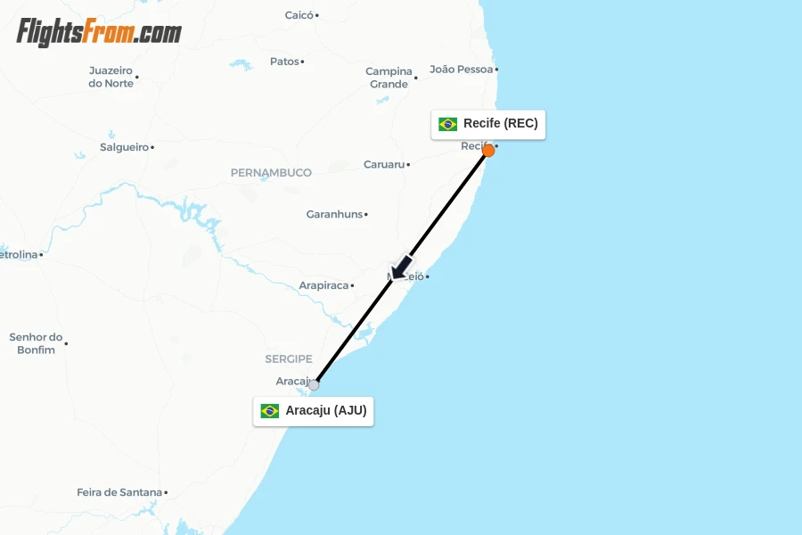 Flights from Recife to Aracaju route map