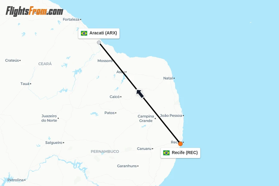 Flights from Recife to Aracati route map