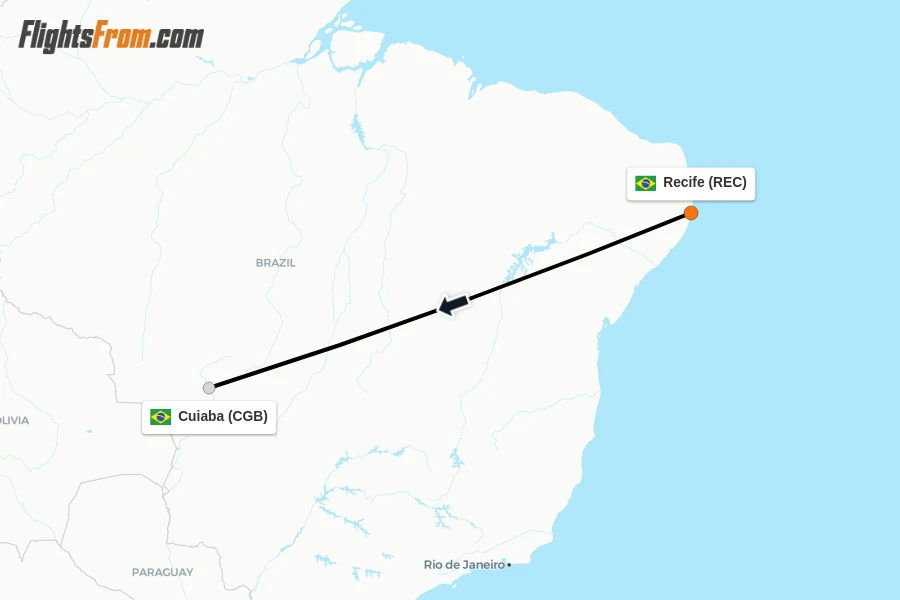 Flights from Recife to Cuiaba route map