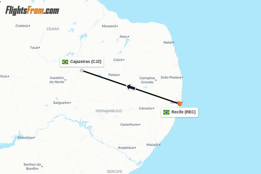 Flights from Recife to Cajazeiras route map