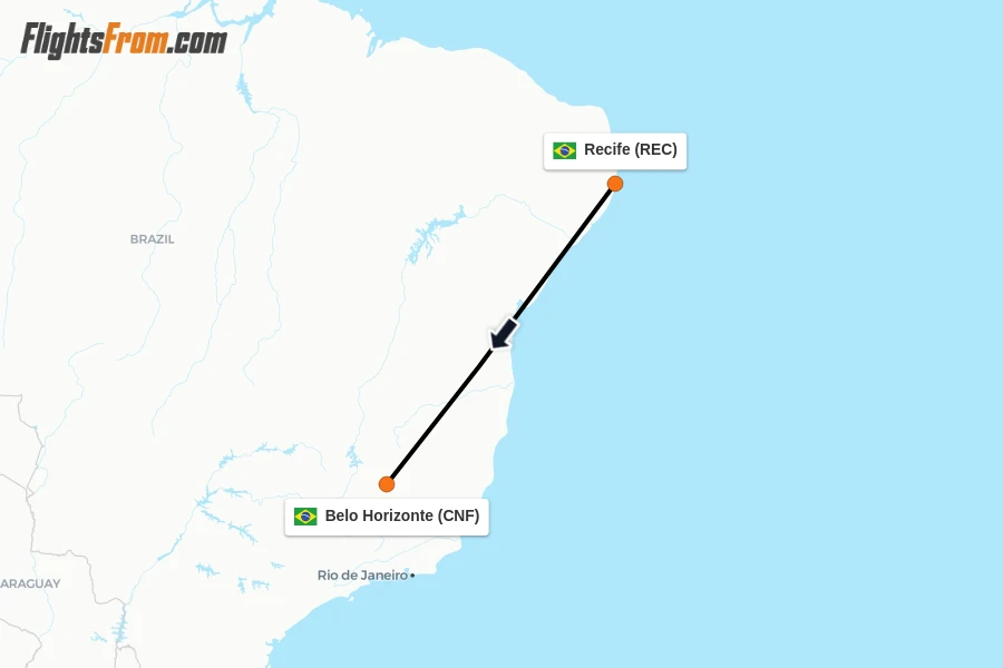 Flights from Recife to Belo Horizonte route map