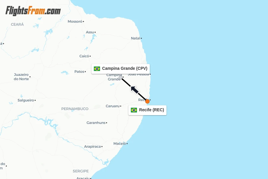 Flights from Recife to Campina Grande route map
