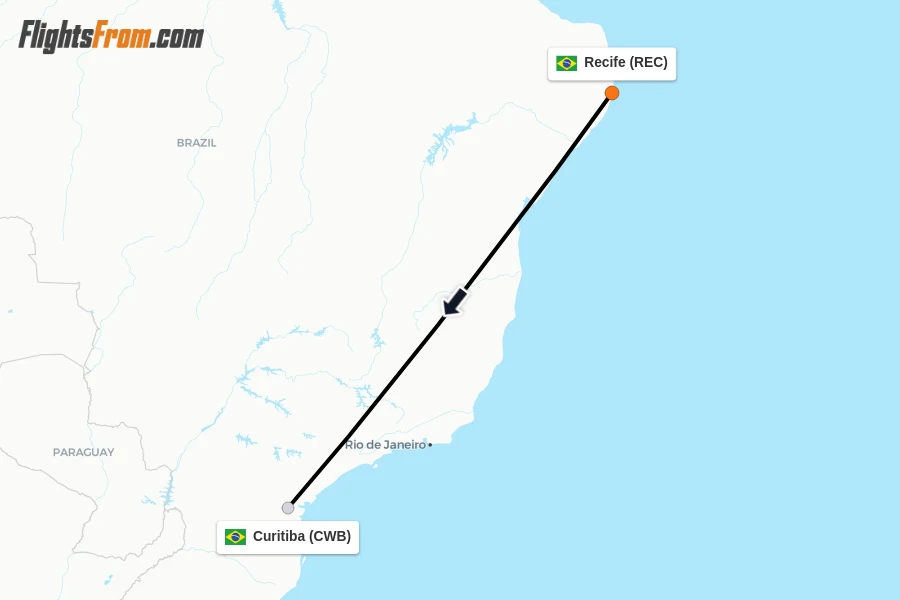 Flights from Recife to Curitiba route map