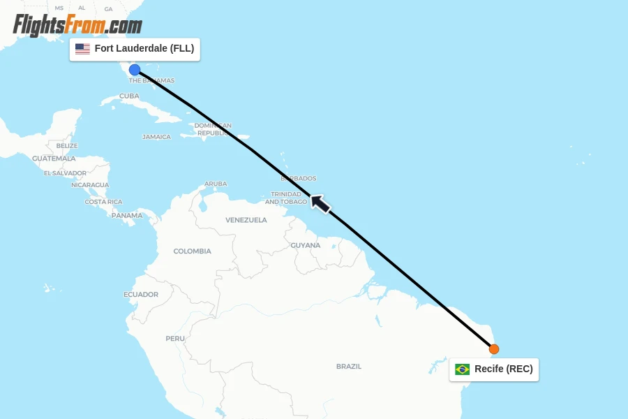 Flights from Recife to Fort Lauderdale route map