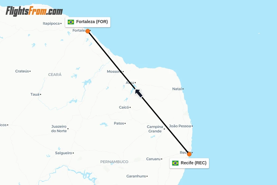 Flights from Recife to Fortaleza route map