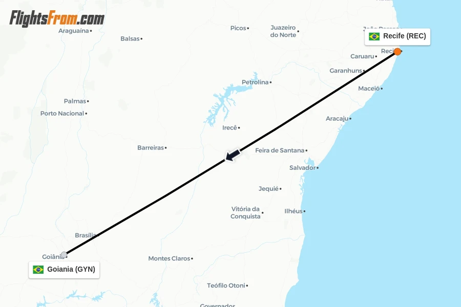 Flights from Recife to Goiania route map